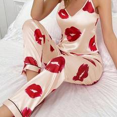 Beige Pyjamas Shein Silk-Like Lip Printed Cami Long Pants Set