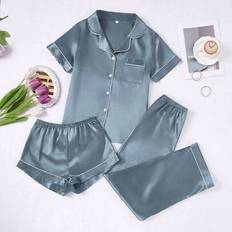 Shein Contrast Trim Solid Faux Silk Lapel Pajama Set - 3pcs