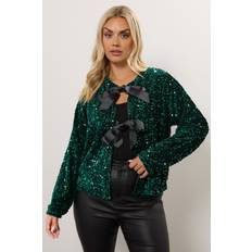 Velvet Outerwear Yours Velvet Bow Tie Front Sequin Jacket - Green