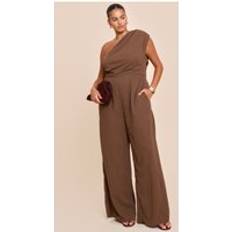 PrettyLittleThing Chiffon One Shoulder Ruched Jumpsuit - Mushroom