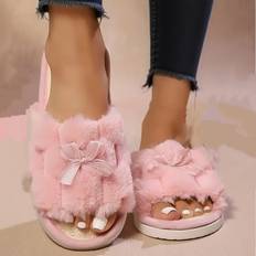 Black Slippers Temu Plush Bow Slippers Non-slip Soft Fabric Upper Eva Sole - Black