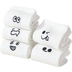 Spandex Underwear Shein 5-pack White Couple Cartoon Expression Design Simple & Breathable Children's Mid-Calf Socks
