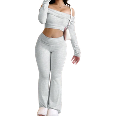 INAWLY INAWLY Women 2pcs Set Off Shoulder Long Sleeve Cropped Top And Pants
