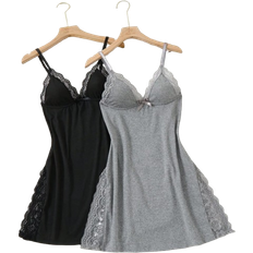 Multicoloured Negligées Shein 2pcs Lace Patchwork Bow Decor Romantic Side Slit Cami Nightgown
