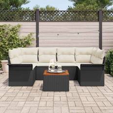 vidaXL 7 Piece Garden Set Black Poly Rattan Acacia Modular Sofa