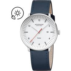 Watches Mondaine Doppio Solar White Dial Leather Strap 41 mm