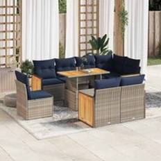 Berkfield Home 9 Piece Garden Sofa Grey Poly Rattan Acacia Outdoor Lounge Set