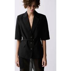 Linne Kavajer Mango Linen Blend Suit Blazer With Belt - Black