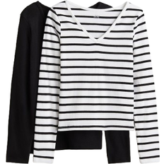 H&M Long Sleeved Ribbed Tops 2-pack - Black/Striped (1262202004)