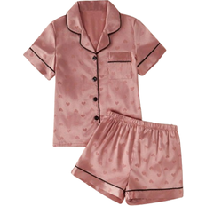 Shein Tween Girls Satin Heart Pattern Short Sleeve Top & Shorts Pajama Set - Loungewear