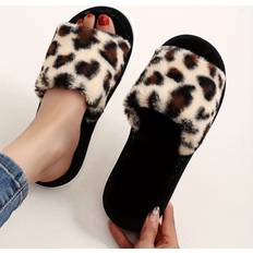Dam - Multifärgade Innetofflor Temu Plush Leopard Print Women's Slippers - Cozy Warm