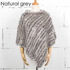 Grey - Women Capes & Ponchos Maxpower Women Knit Rabbit Fur Shawl Poncho Cape Robe Tippet Wrap - Natural Grey