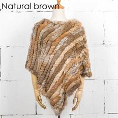 Brown - Women Capes & Ponchos Maxpower Women Knit Rabbit Fur Shawl Poncho Cape Robe Tippet Wrap - Natural Brown