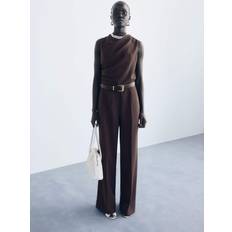Brown - Women Jumpsuits & Overalls Mango Drape Neck Sleeveless Belted Jumpsuit - Brown