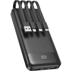Ultra Slim LED Display Power Bank 10000mAh with Built-in Cables Black