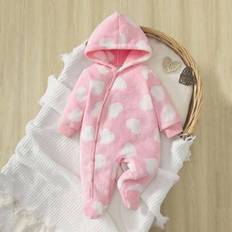 Shein Newborn Baby Girls Pink Heart Fleece Footed Romper - Warm Autumn/Winter