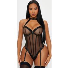 Fashion Nova Breathe Mesh Teddy Thong Bodysuit - Black