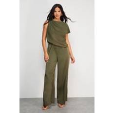 Womens Satin Chiffon Mix One Shoulder Drape Jumpsuit - Green