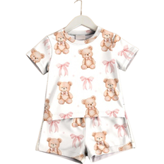 Shein Baby Girl Bow & Bear Graphic Casual Slim Fit Round Neck Comfortable Short Sleeve Shorts Pajama Set - Snug Fit
