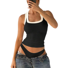 Shein Mystra Summer Simple Retro Solid Color Ribbed Knit Sexy Casual U Neck Crisscross Back Tank Top - Black/White