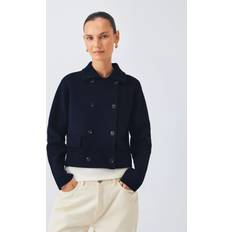 Double Breasted Cotton Blend Knit Jacket - Navy