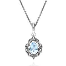 Topas Halsband Gemondo Art Deco Style Pear Blue Topaz Marcasite Necklace - Sterling Silver