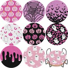 Multicoloured Diamond Paintings Shein 8pcs Pink Halloween Themed Diamond Painting Coasters With Holders