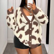 Multicoloured Cardigans Shein American Casual Loose Knit Color Block Cardigan - Fuzzy
