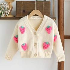 White Cardigans Shein Young Girls Strawberry Embroidered Cardigans - White
