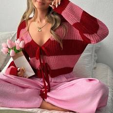 Shein Back To School Bold Wide Stripe V-Neck Knit Cardigan Front Tie Closure Drop