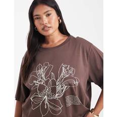 Curve Hibiscus Graphic Oversized T-Shirt - Brown
