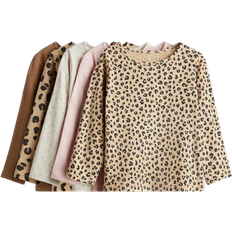 110/116 - Multifärgade Barnkläder H&M 5-Pack Långärmad Bomullströja - Ljusrosa/Leopardmönstrad