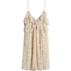H&M Frill-Trimmed Strappy Dress - Light Beige/Floral