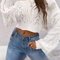 Lace - Women Jumpers Temu Sexy Off-shoulder Cropped Sweater Semi-sheer Lace Sleeve - Solid Color