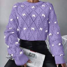 Checkered - Women Jumpers Shein Casual Bow Decor Sweater - Autumn/Winter