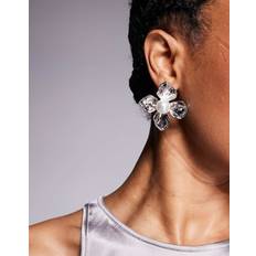Floral Stud Earrings Pearl Detail - Silver