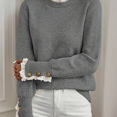 Lace - Women Jumpers Temu Pullover With Lace Trim Elegant Crew Neck Sweater - Gray