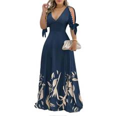Breathable - Long Dresses Kikidex Womens Floral Dress Wedding Guest Long Dress - Navy Blue
