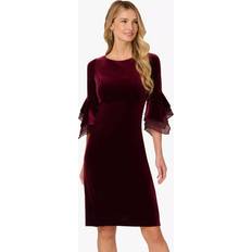 Velvet Bell Sleeve Sheath Dress With Tiered Three Quarter Sleeves - Bordeaux