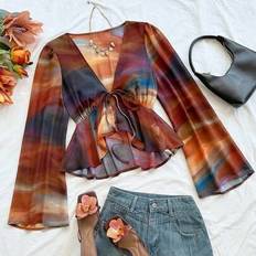Tie Dye Blouses Shein Casual Retro Tie-Dye Lace-Up Top Sunset - Colors