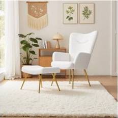 Living and Home Accent Chair Footstool Set White Armchair