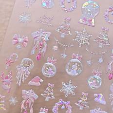 Nagelprodukter Temu 3D Christmas Nail Art Stickers Pink Blue Snowflake - Shiny