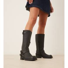 Wide Fit Harness Biker Knee Boots - Black