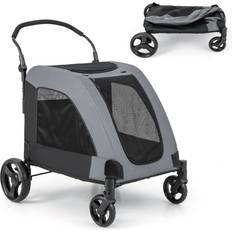 4 Wheels Foldable Pet Extra Large Dog Stroller with Dual Entry Gray
