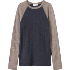 Uld Bluser & Tunikaer Børnetøj Name It Ombre Blue Satellites Sleeves Needle Ls Top Solid - Mørkebeige