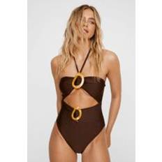 Solid Colours Swimsuits Nasty Gal Abstract Ring Cut Out Bandeau Swimsuit - Brown