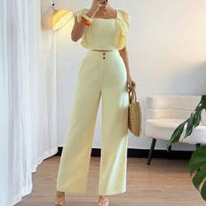 Women - Yellow Suits Shein Elegant Yellow Square Neck Puff Sleeve Top Set - Summer
