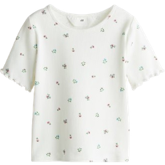 H&M Ribbed Cotton Top - White/Floral (1295496002)