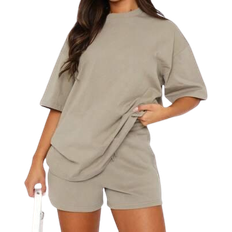 Shein 2pc Women Print Round Neck Short Sleeve Casual Loose T-Shirt And Shorts Set - Khaki