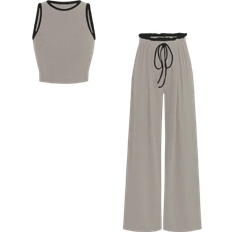 Brown - Women Jumpsuits & Overalls Shein Flirla 2pcs/Set Contrast Color Trim Round Neck Tank Top + Knotted Long Pants Casual Outfit - Khaki